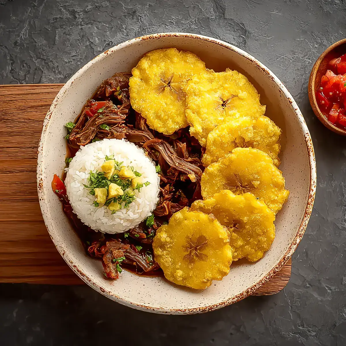 Casabe con carne guisada, arroz blanco y tostones