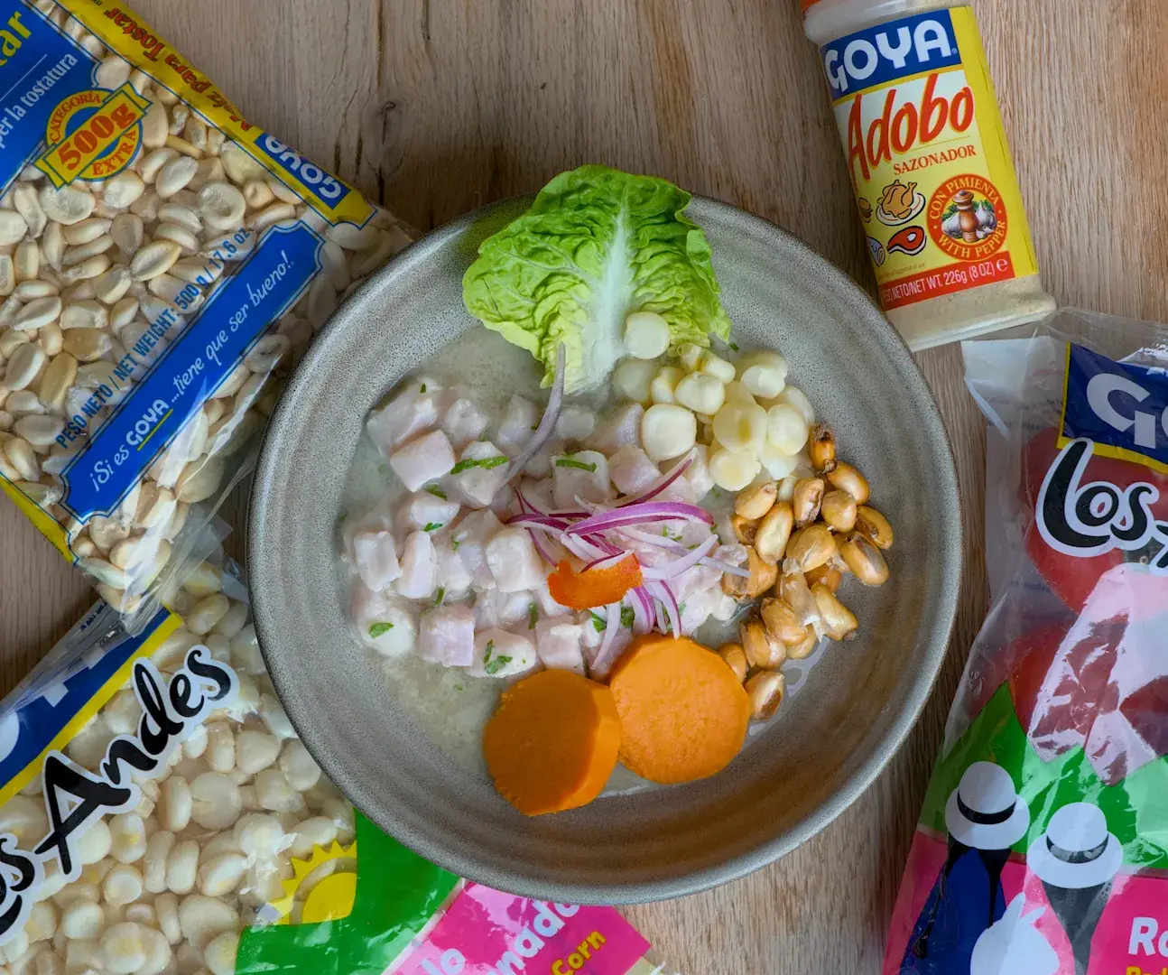 Peruvian fish ceviche with corn