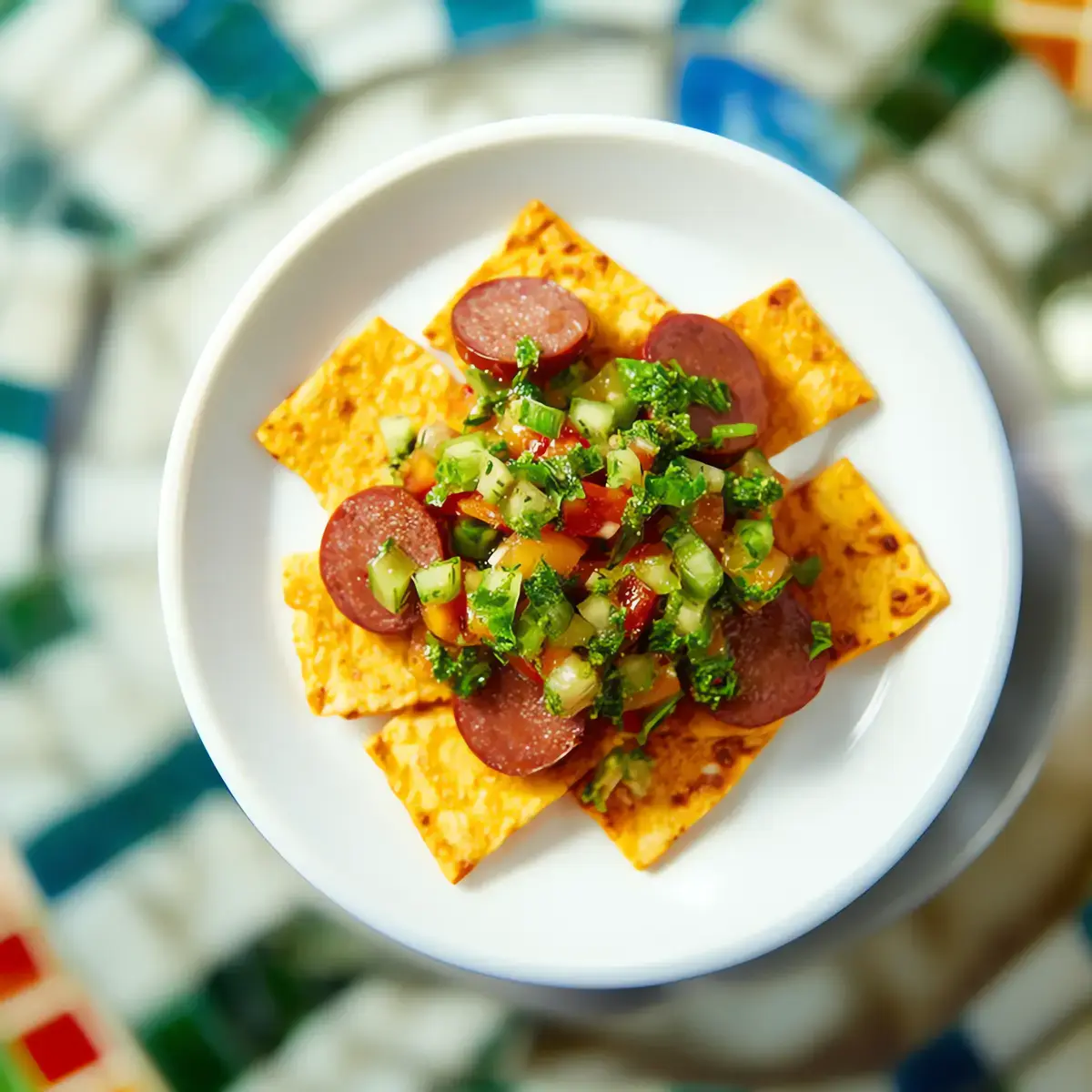 Montadito of cassava, chorizo and chismol with mango